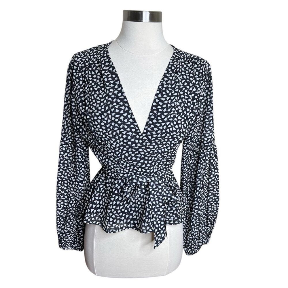 Anthropologie Porridge Blouse Womens Small Black White Print Wrap Tie